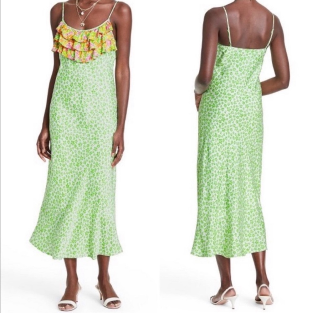 RIXO green floral animal print slip dress size M XS Medium or L Large NWT - Picture 1 of 11